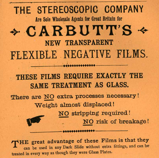 Advertisement for Carbutt's flexible negative films