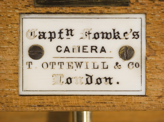 Plaque on Captain Fowke's camera, 1856, presented to the Science Museum in 
