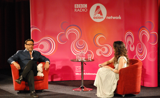 Jackie Schroff on stage with Noreen Khan (BBC Asian Network)