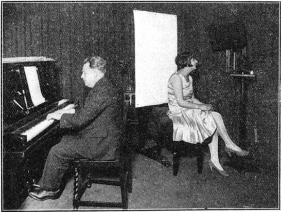 Miss Lulu Stanley seated before the television transmitter in the Baird studio on the occasion of the inaugural broadcast through 2LO on 30 September 1929 (Television magazine, October 1929)