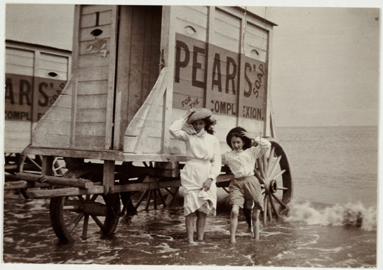 Bathing machines at edge of sea, c.1900, National Media Museum Collection