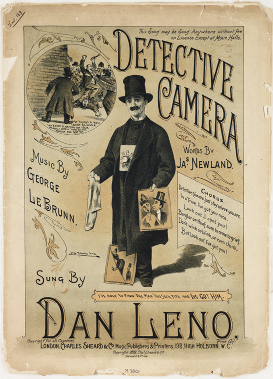 Front cover of sheet music for 'Detective Camera' as sung by Dan Leno