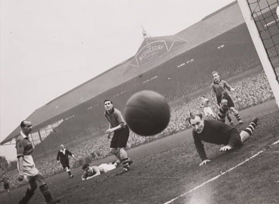 A shot heads for the camera, Manchester United vs Sheffield Wednesday, 1949, Bert Abell © Daily Herald / National Media Museum, Bradford / SSPL