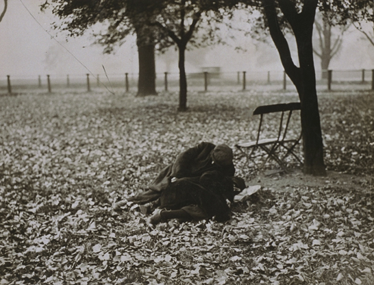 Two people sleeping rough on autumn leaves in Hyde Park, 1931, unknown photographer, Daily Herald / Wide World Photos © National Media Museum, Bradford / SSPL. Creative Commons BY-NC-SA
