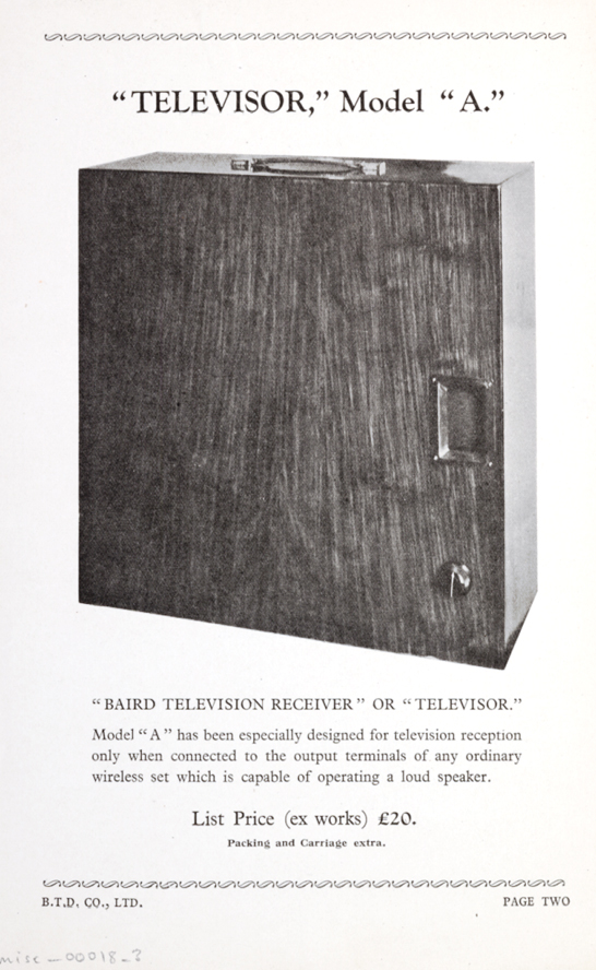 A page from an original 1928 Baird Television Development Company catalogue featuring the Model 'A' Televisor, National Media Museum Collection