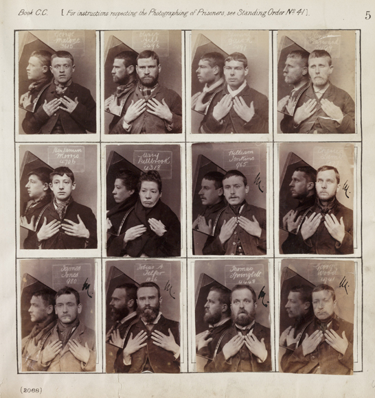 Portraits of prisoners, c. 1890 © National Media Museum, Bradford / SSPL. Creative Commons BY-NC-SAThese criminals at Wormwood Scrubs Prison hold up their hands to show any identifying features, such as tattoos or missing fingers. A mirror placed on their right shoulder captures their profile.