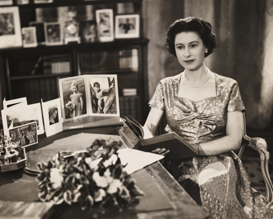 Queen Elizabeth II makes her Christmas broadcast, December 1957 © Daily Herald / National Media Museum, Bradford / SSPL1957 was the first year that the Queen's broadcast was fully televised
