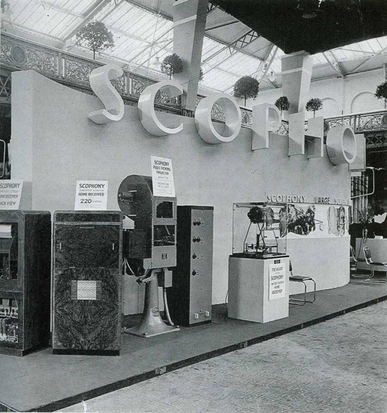 A wider view of the Scophony stand at Radiolympia in 1938. Two ES104 sets are visible at left. ²