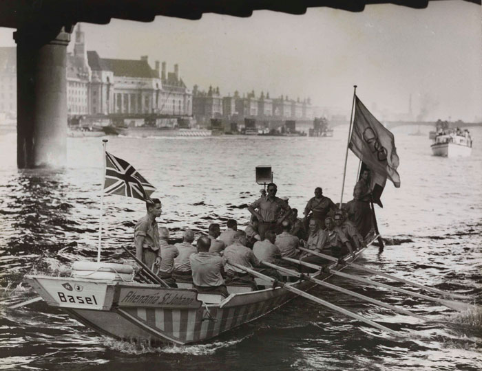 Oarsmen bringing the Olympic Flag, London, 1948