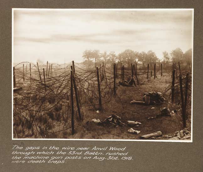A World War One battlefield scene, with barbed wire fences and bodies on the floor
