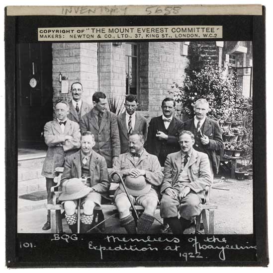 Members of the expedition photographed outside the Mount Everest Hotel in Darjeeling