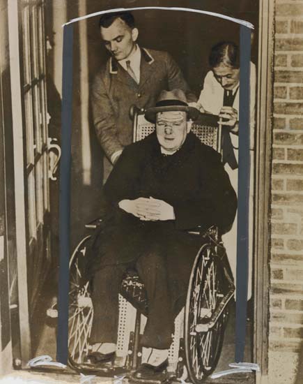 Winston Churchill in a wheelchair leaving hospital