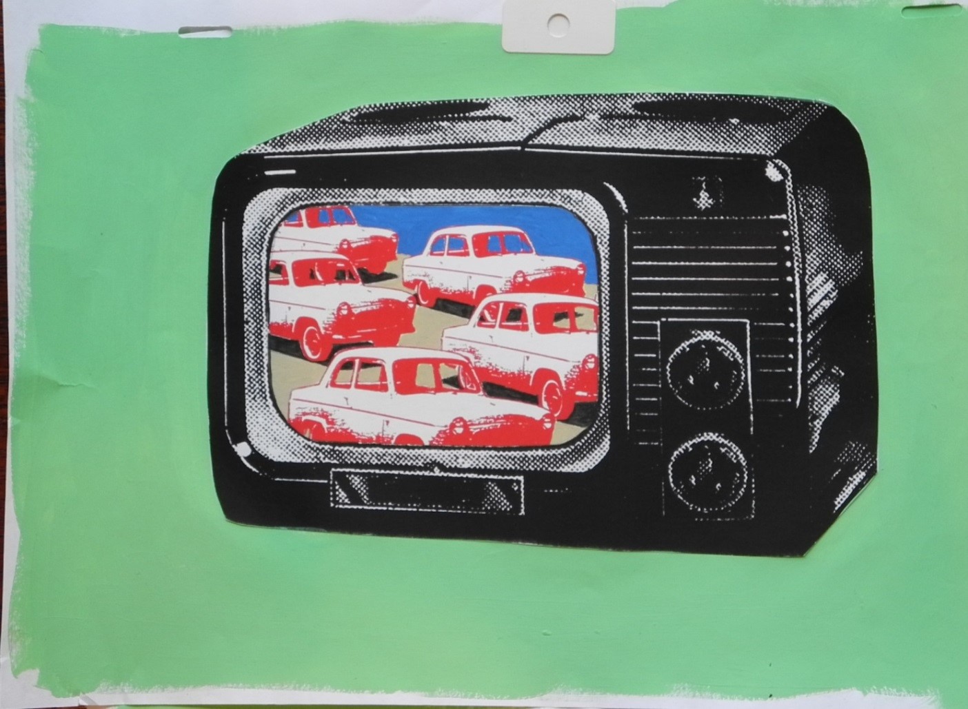 Animation design from the Run Wrake Archive showing a collage of a television set with cars on the screen, against a green background