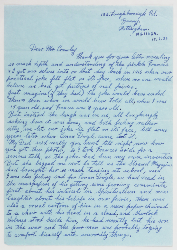 The first page of a letter by Elsie Hill, nee Wright (1901-1988), to Geoffrey Crawley, dated 17 February 1983.