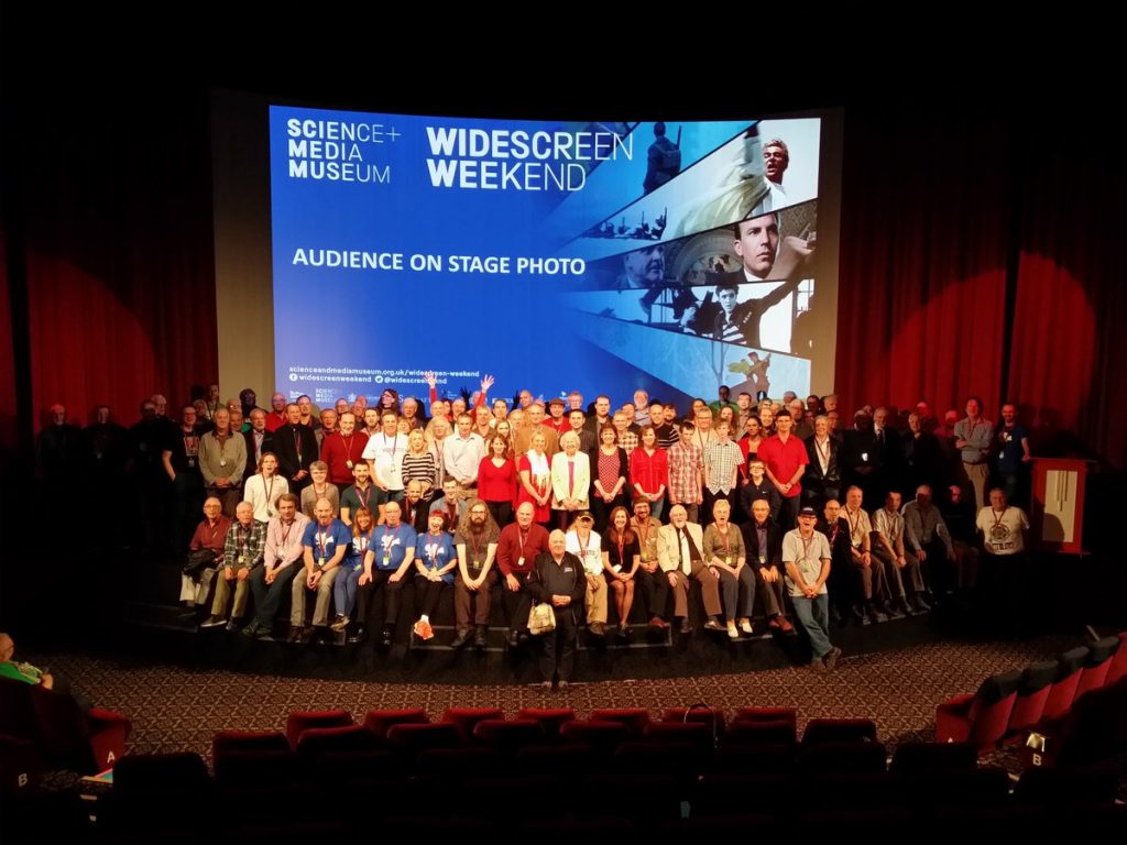 The annual 'audience on stage' photo at Widescreen Weekend 2017