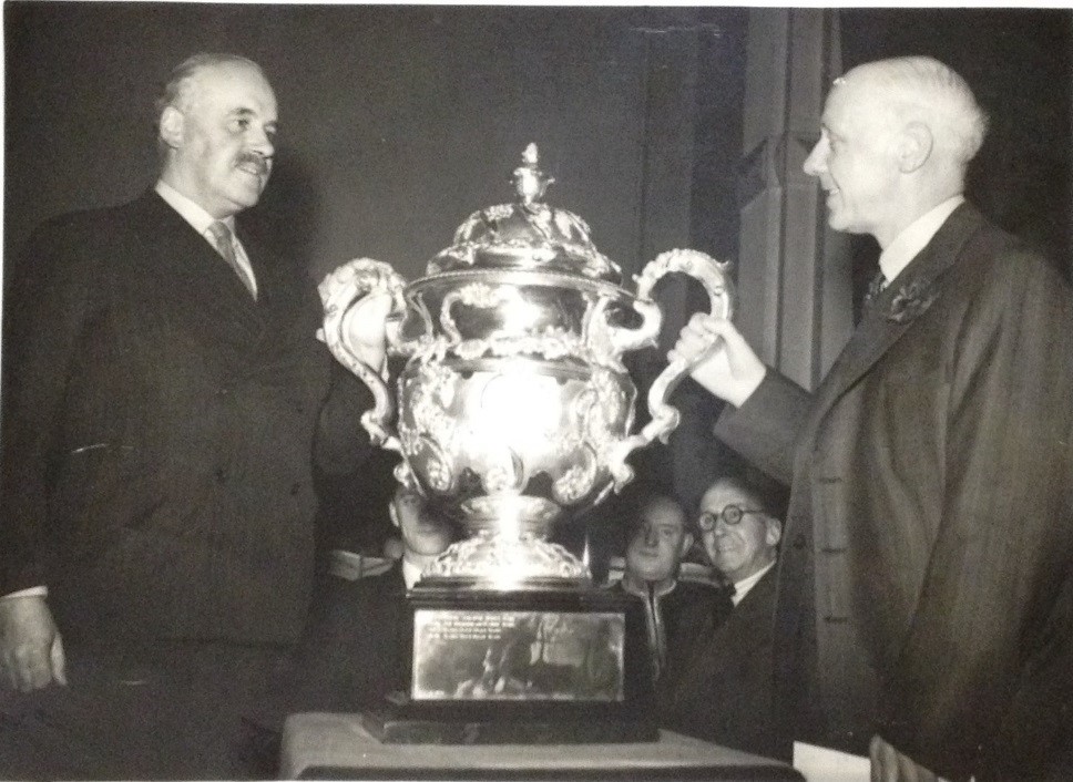 Photograph showing the presentation of the Daily Herald Trophy to Black Dyke Band in 1948