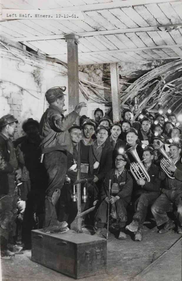 Photograph showing miners rehearsing for 9th annual carol service, Dodworth Colliery, Barnsley, 1961