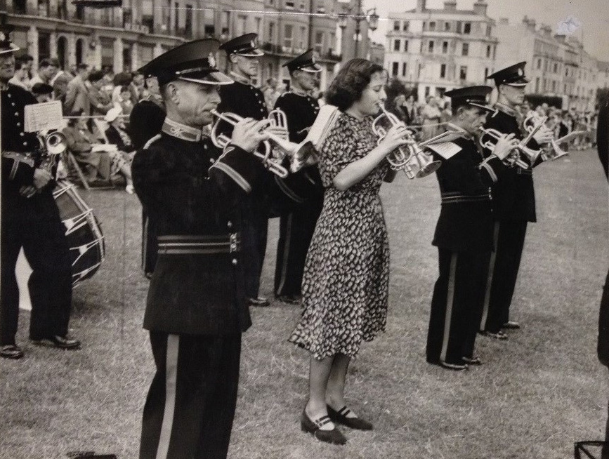 Photograph showing Marian Barlow guesting on cornet with Eastbourne Silver Band in 1952