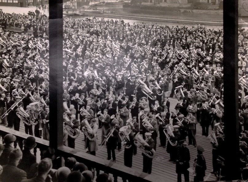 Photograph showing massed brass bands, undated