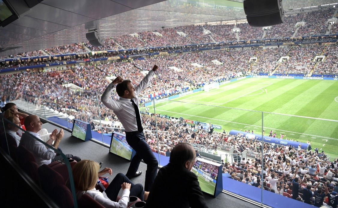 French president Emmanuel Macron celebrates his country's first goal in the final against Croatia