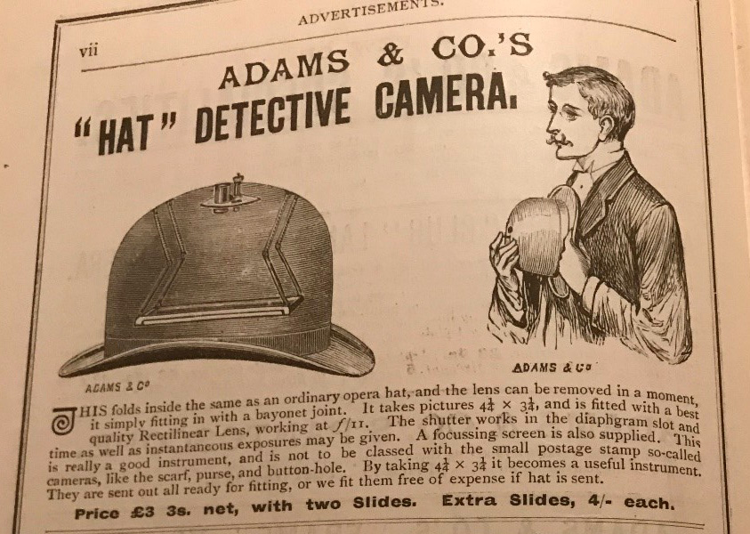Printed advertisement for the 'Hat Detective Camera', a small camera concealed inside a bowler hat