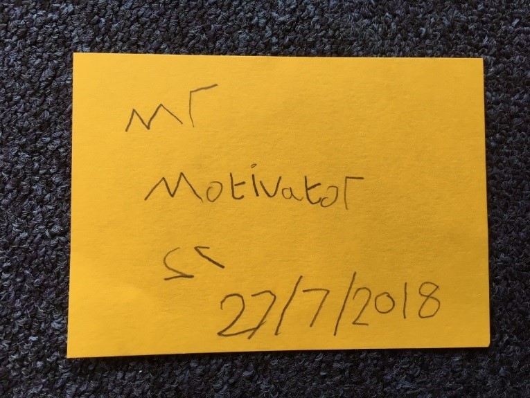 Handwritten Post-It Note: 'Mr Motivator'