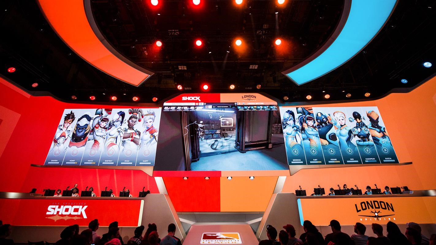 Image of a live eSports event: Teams San Francisco Shock and London Spitfire at the 2017 Overwatch League