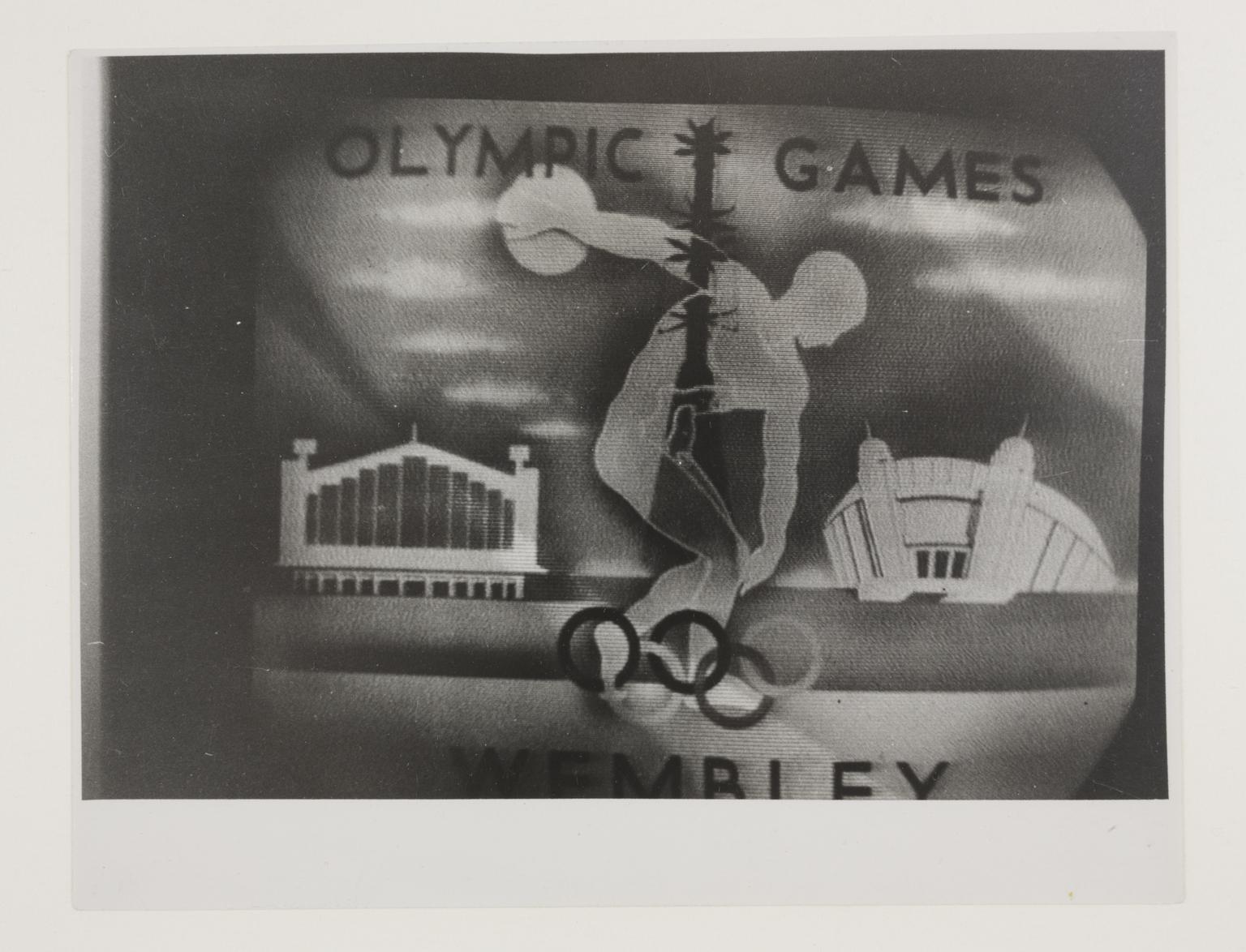 Photograph of a television receiver showing the title card for the 1948 Olympic Games