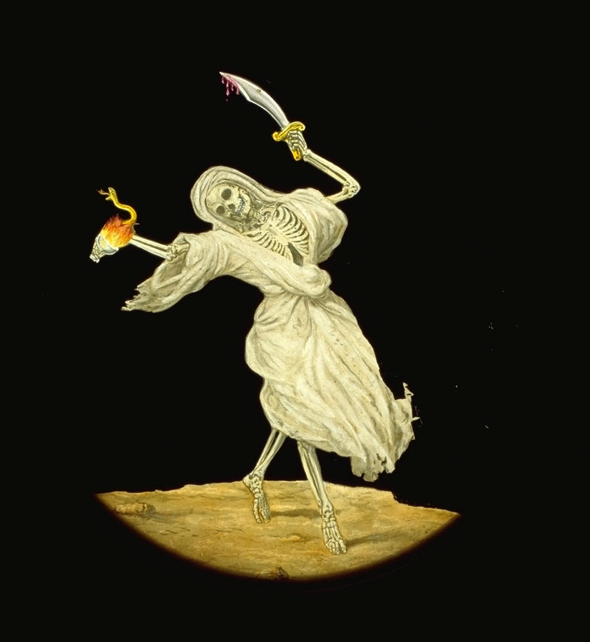 Hand-painted magic lantern slide depicting Death as a cloaked figure