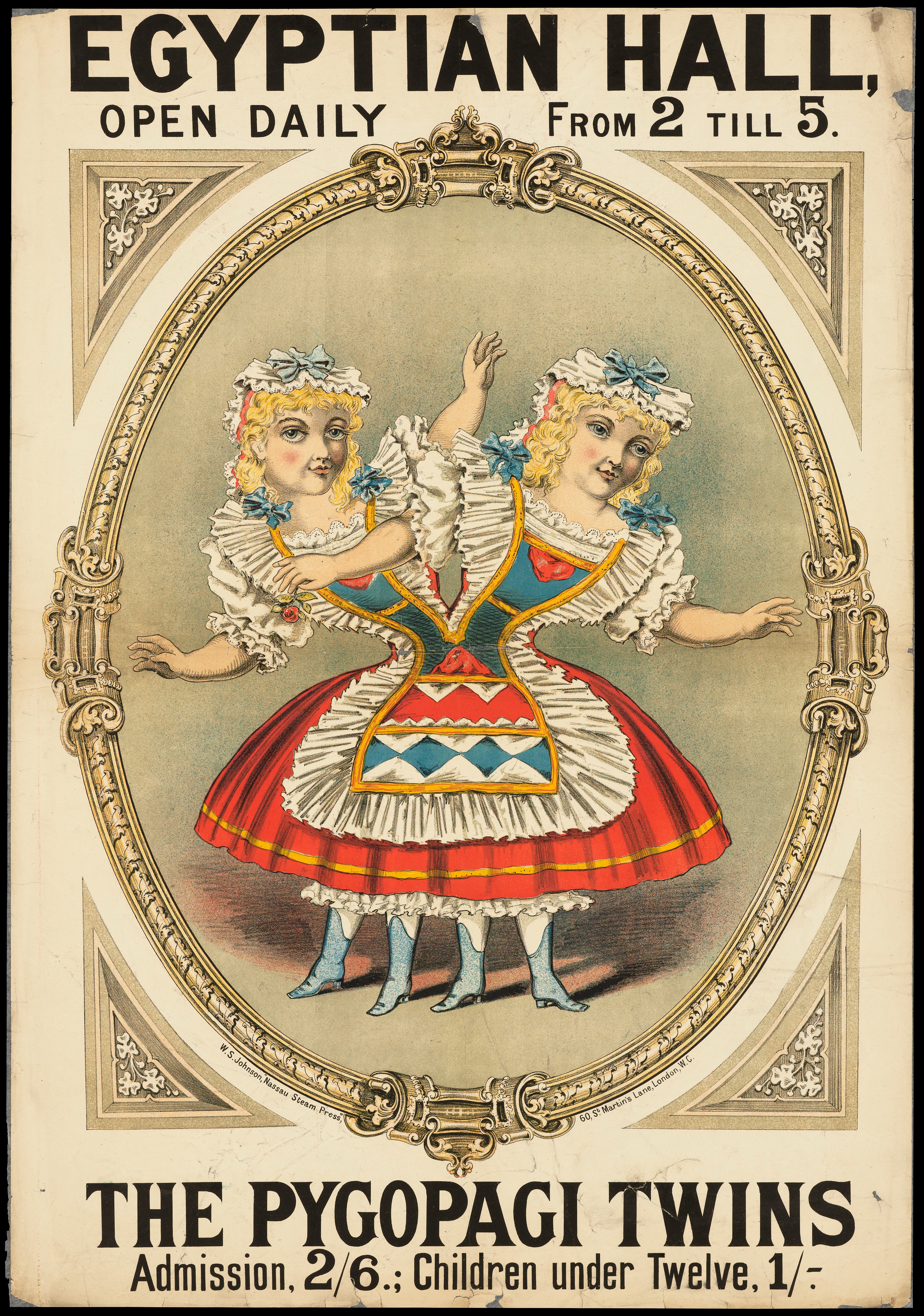 Poster for the Egyptian Hall advertising an act by conjoined twins