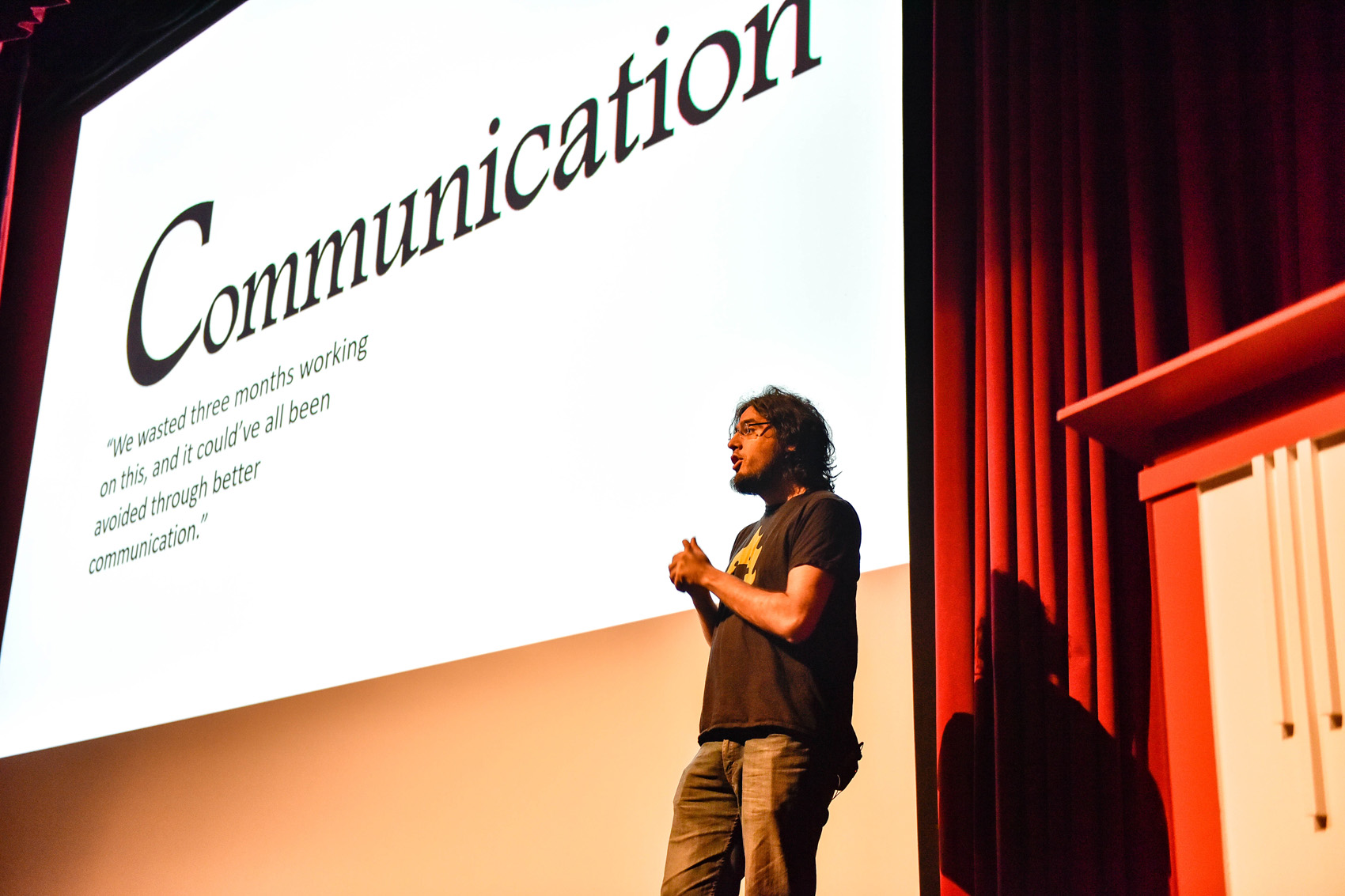 Rami Ismail on stage at Yorkshire Games Festival