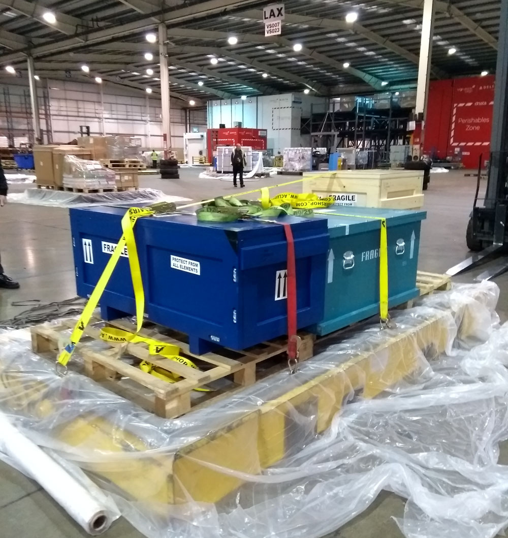 Crate being palletised in the airport’s warehouse before being loaded into the plane