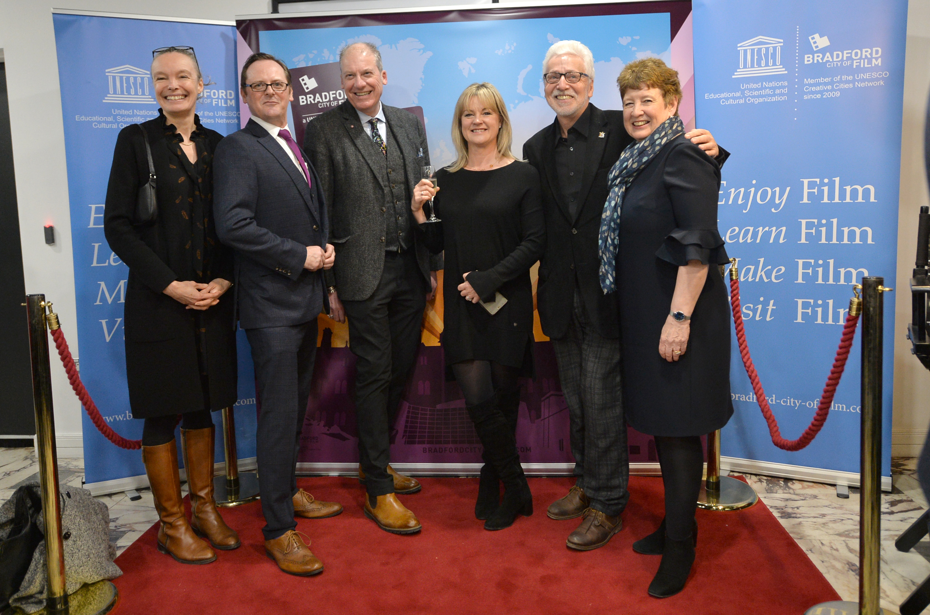 National Science and Media Museum Director Jo Quinton-Tulloch joins David Wilson and others on the red carpet at the Bradford UNESCO City of Film 10th anniversary reception