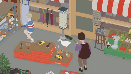 Short gif from an animated game - a goose chasing two people around an apartment