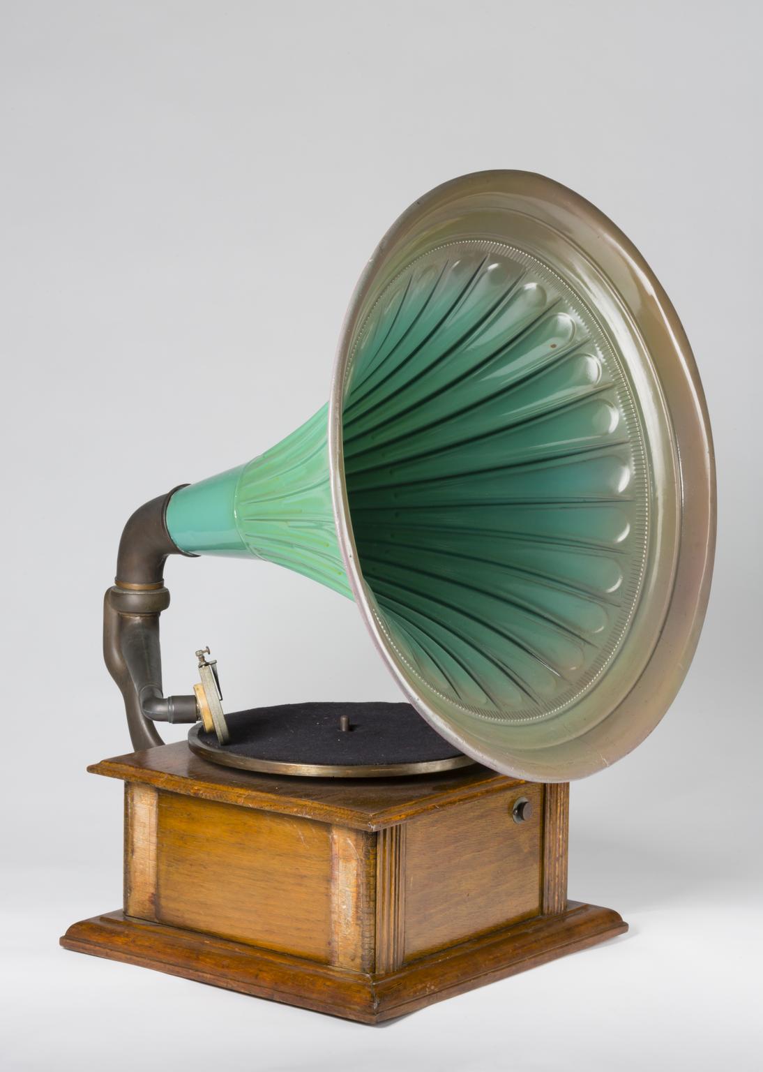 Parlophone gramophone with wooden base and turquoise horn