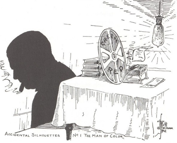 Cartoon of silhouette of Charles Urban with caption 'Accidental silhouettes - No. 1 The Man of Color'
