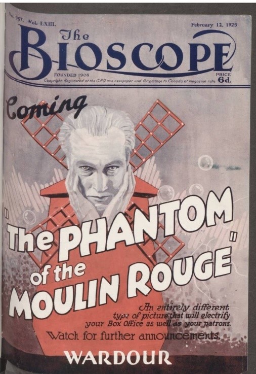 Cover of The Bioscope magazine from 1925, advertising the film 'The Phantom of the Moulin Rouge'