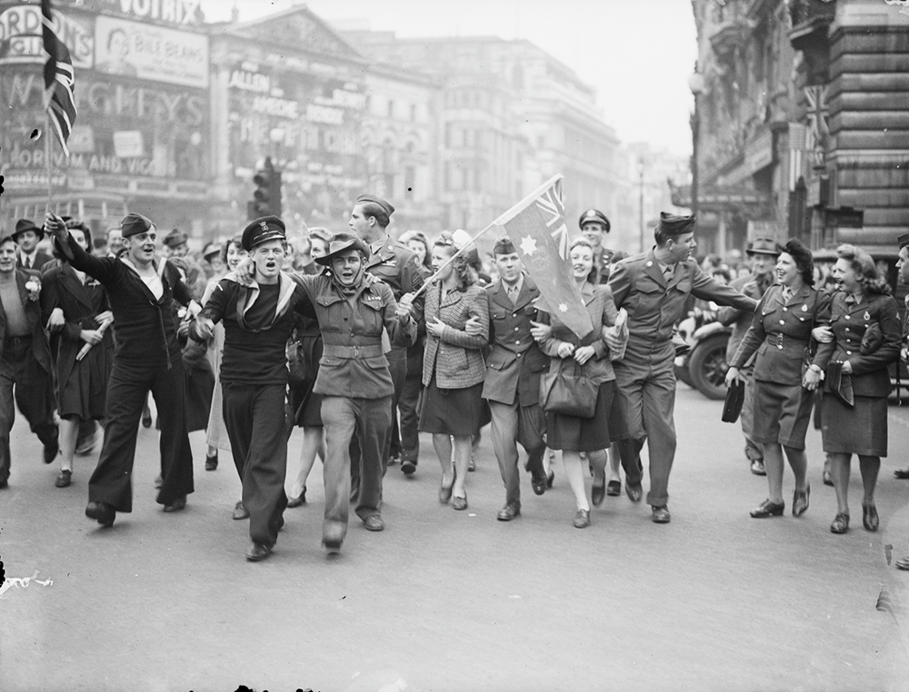 Eve of VE Day celebrations in London - crowds in Piccadilly circus and area