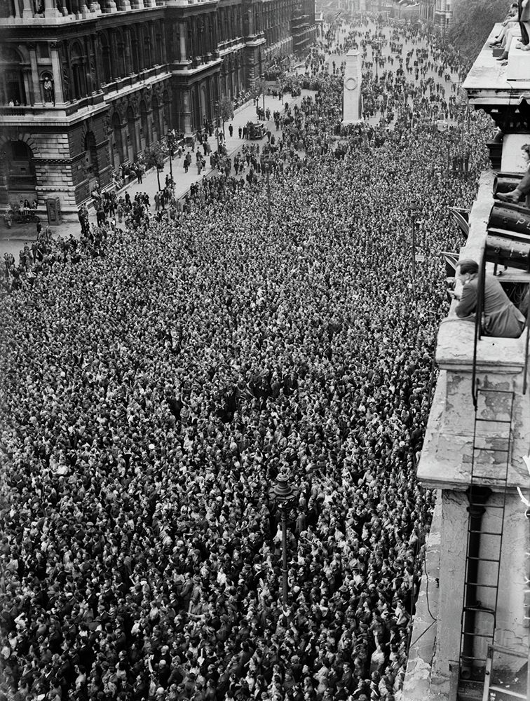 VE Day celebrations in London. Crowds in Whitehall.