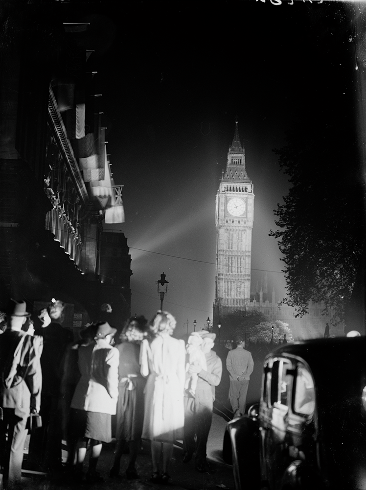 VE Day celebrations in London. Big Ben illuminated.