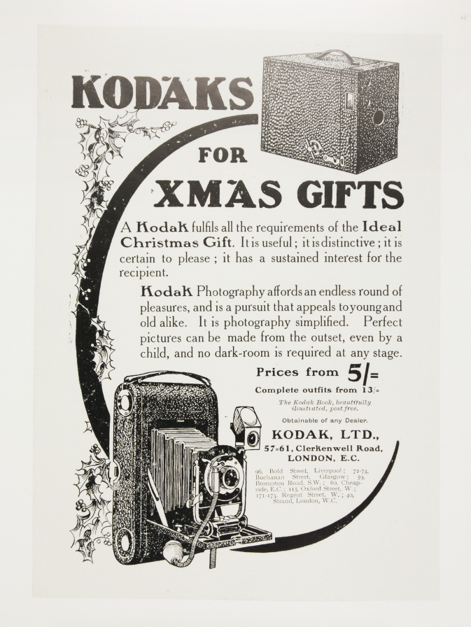 Print advertisement for Kodak cameras 'Kodak for Xmas Gifts', c.1925