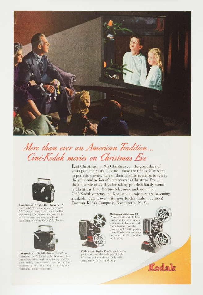 Print advertisement for Cine-Kodak cameras and projectors ‘More than ever an American Tradition... Cine-Kodak movies on Christmas Eve’, 1947