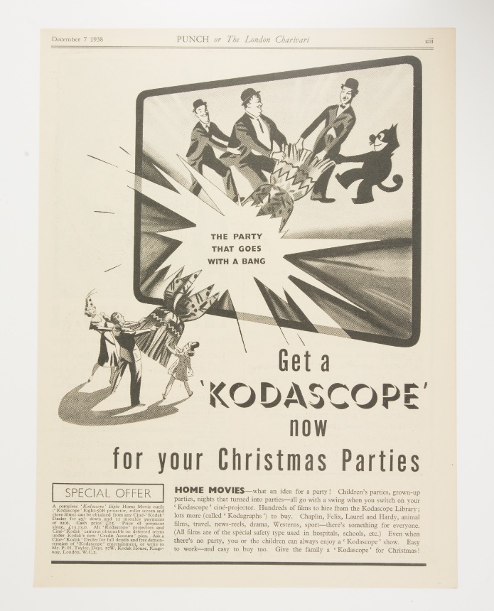 Print advertisement for Kodascope projectors ‘Get a Kodascope now for your Christmas Parties’, 1938