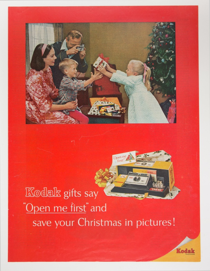 Print advertisement for Kodak Instamatic camera ‘Kodak gifts say “Open me first” and save your Christmas in pictures’, 1961