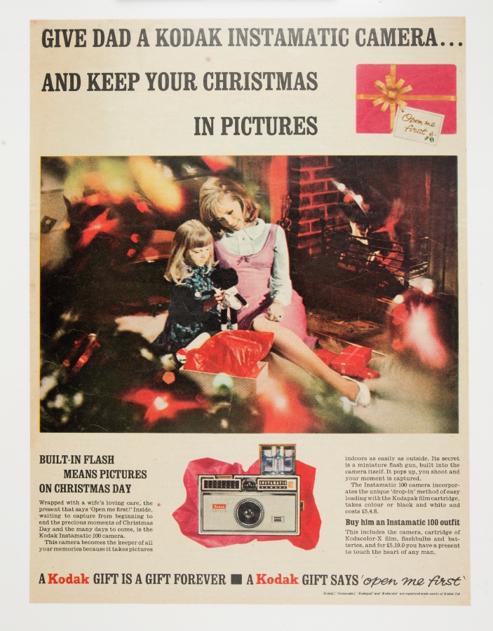 Print advertisement for Kodak Instamatic 100 camera ‘Give Dad a Kodak Instamatic camera... and keep your Christmas in Pictures’, c. 1963