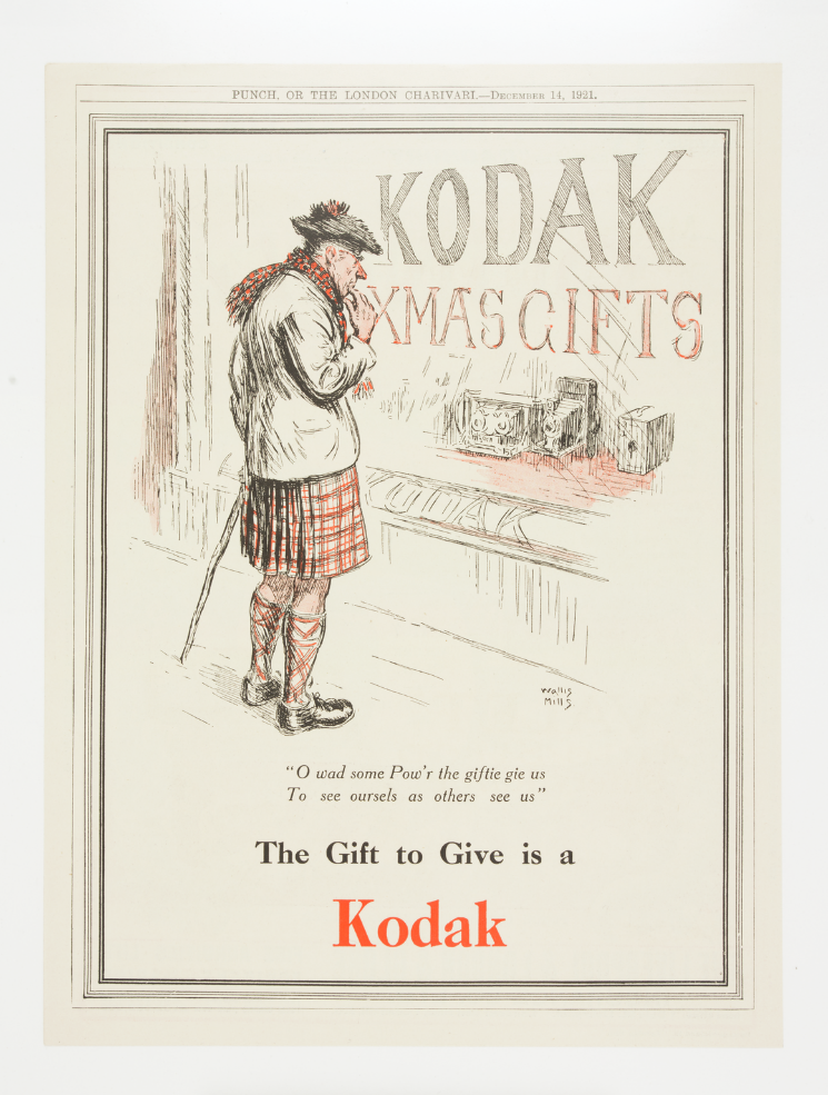 Print advertisement for Kodak cameras with the tagline ‘The gift to give is a Kodak’, 1921