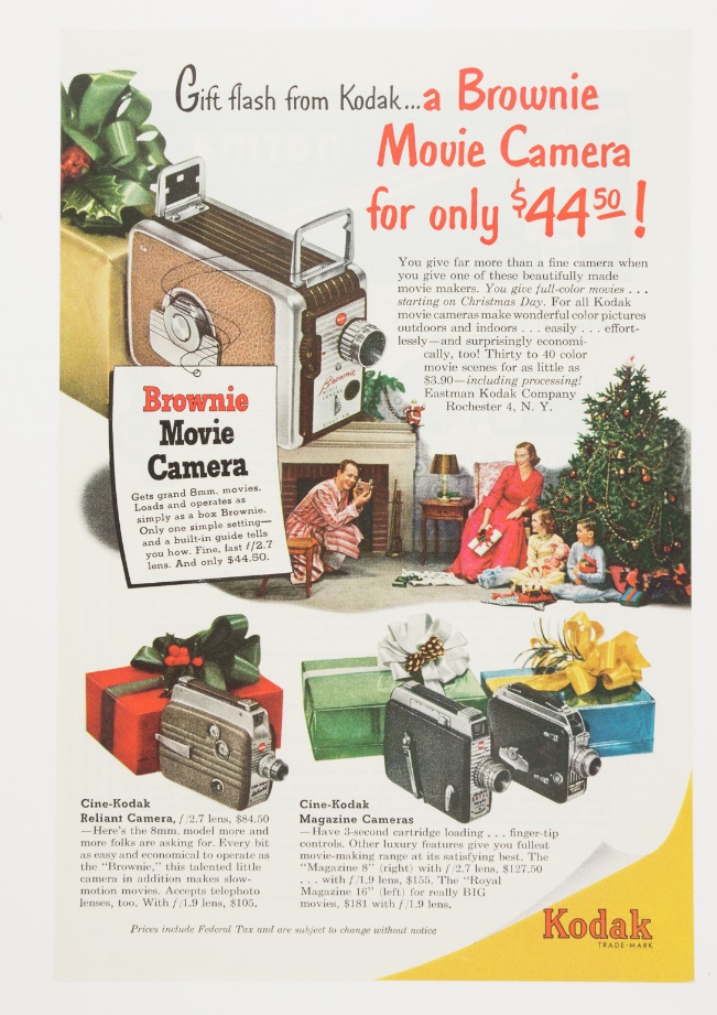 Print advertisement for Kodak Brownie Movie Camera with text ‘Gift flash from Kodak... a Brownie Movie Camera for only $44.50’, 1951