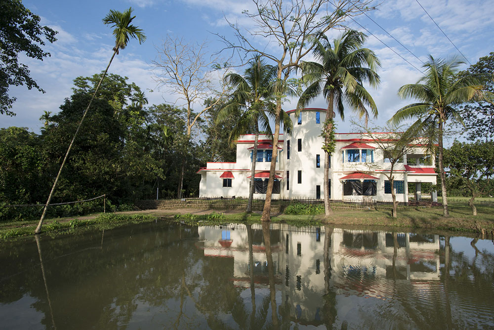 A large white house surrounded by palm trees and a pond