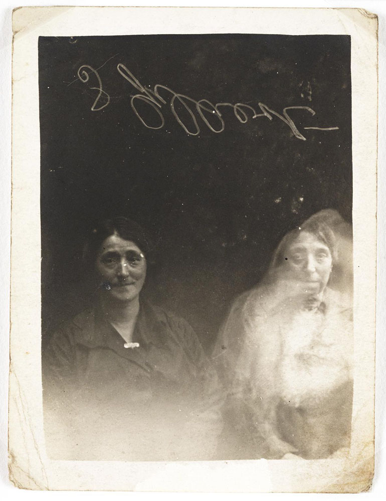 Photographic portrait of two women with a ‘spirit’, thought to have been taken by William Hope in about 1920