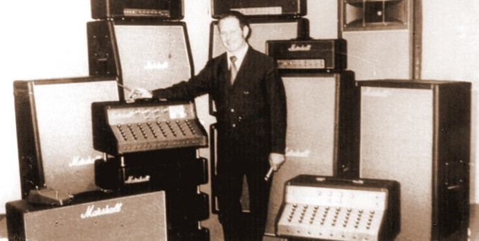 Jim Marshall in 1972 with his line of equipment